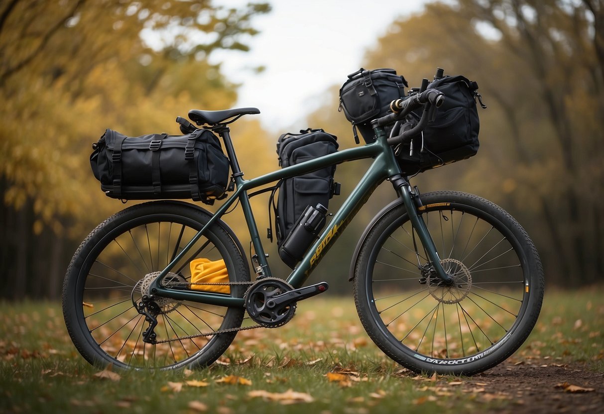 A riding pack hangs from a bike seat, filled with tools and supplies. It's secured with straps and clips, ready for a smooth and comfortable ride