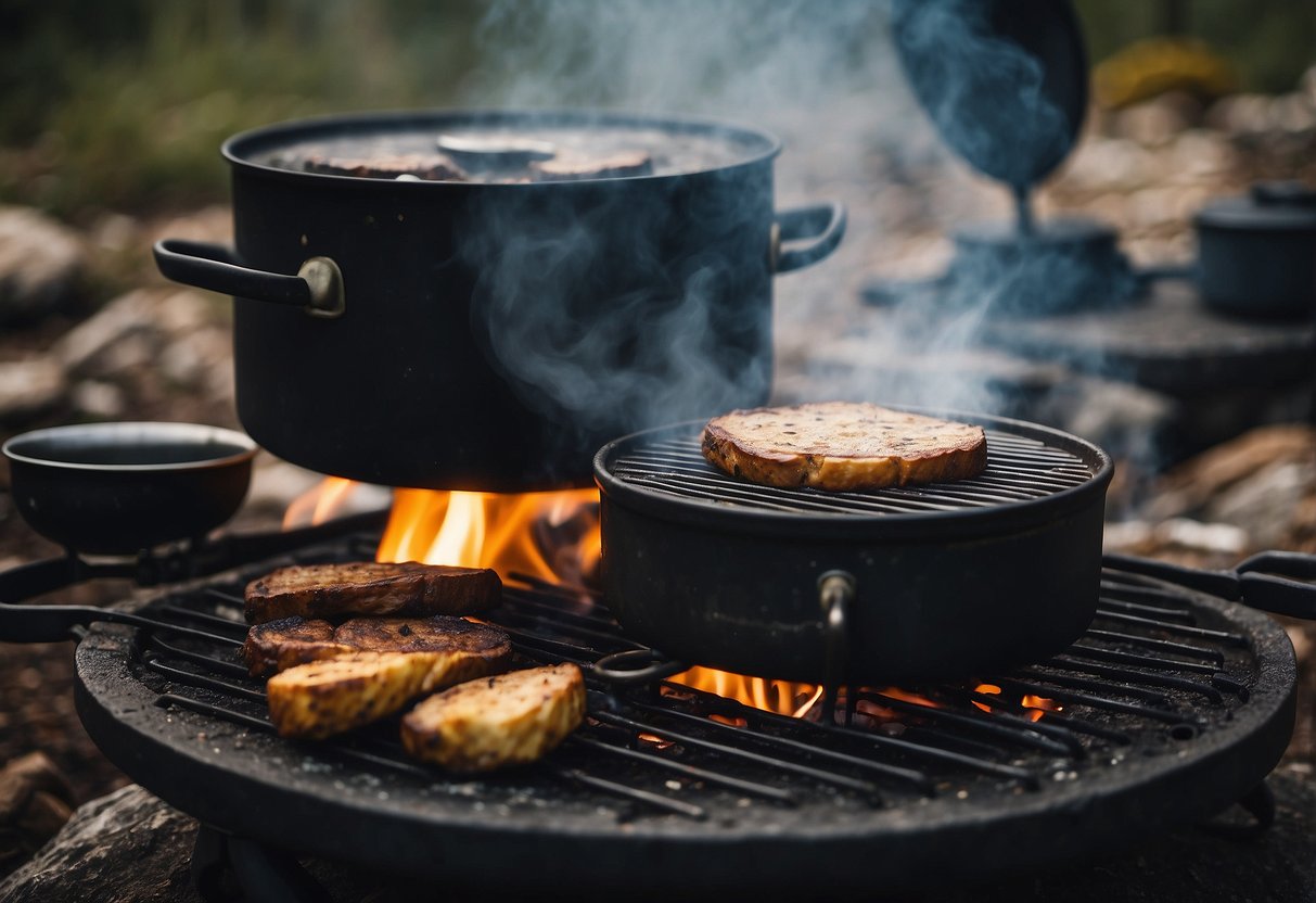 A camp stove sits on a flat rock, surrounded by scattered cooking utensils. Steam rises from a pot of boiling water, while a small grill sizzles with cooking food