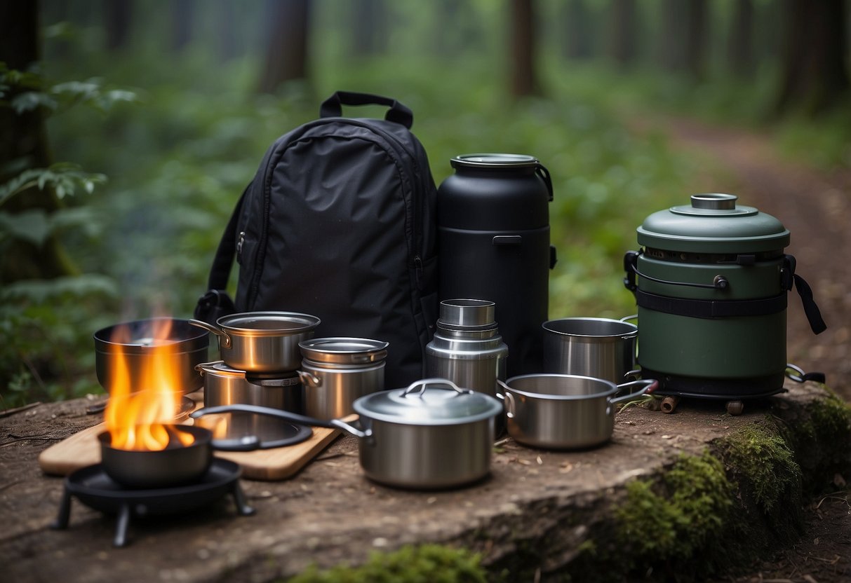 A backpack with lightweight cooking gear arranged on the ground in a scenic outdoor setting. A small camping stove, pots, and utensils are neatly organized for cooking on the trail