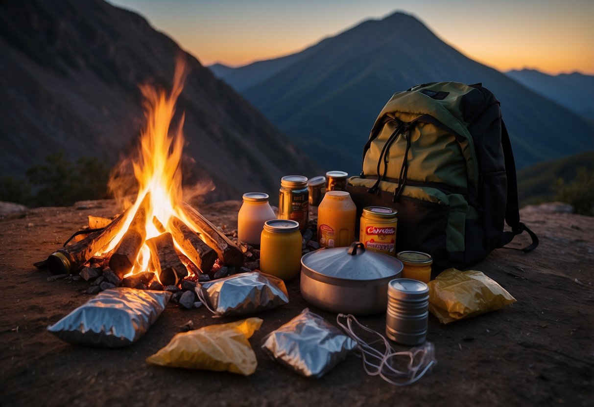 A campfire surrounded by cooking utensils and dehydrated food packets. A backpack and hiking boots sit nearby. The sun sets behind a mountain