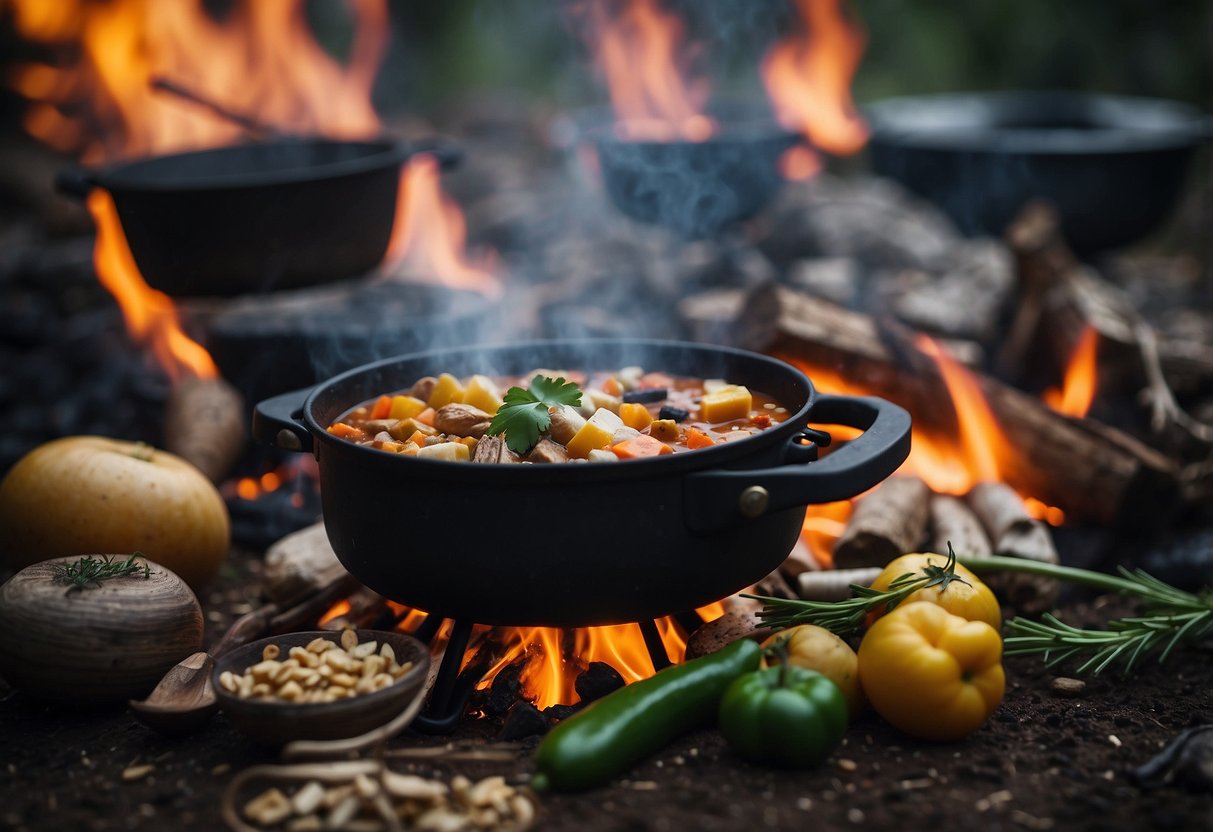 A campfire with a pot of bubbling stew, surrounded by various spices and herbs. A backpack and cooking utensils are scattered nearby