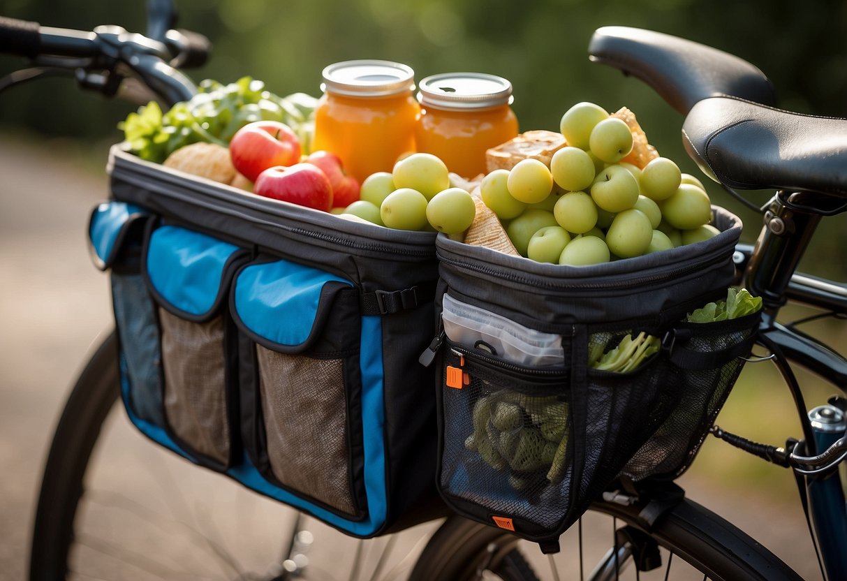 Food items secured in airtight containers attached to a bike rack. Insulated cooler strapped to the back of the bike. Mesh bags hung from the handlebars. Bungee cords holding a crate of produce in place. Small snacks stored in a