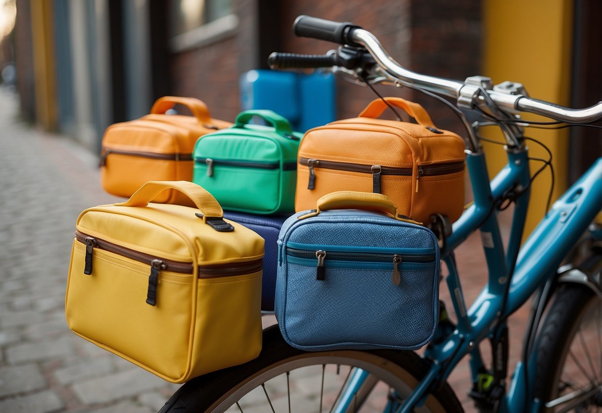 A bicycle with a basket holds five colorful insulated lunch boxes, each securely fastened and ready for a ride