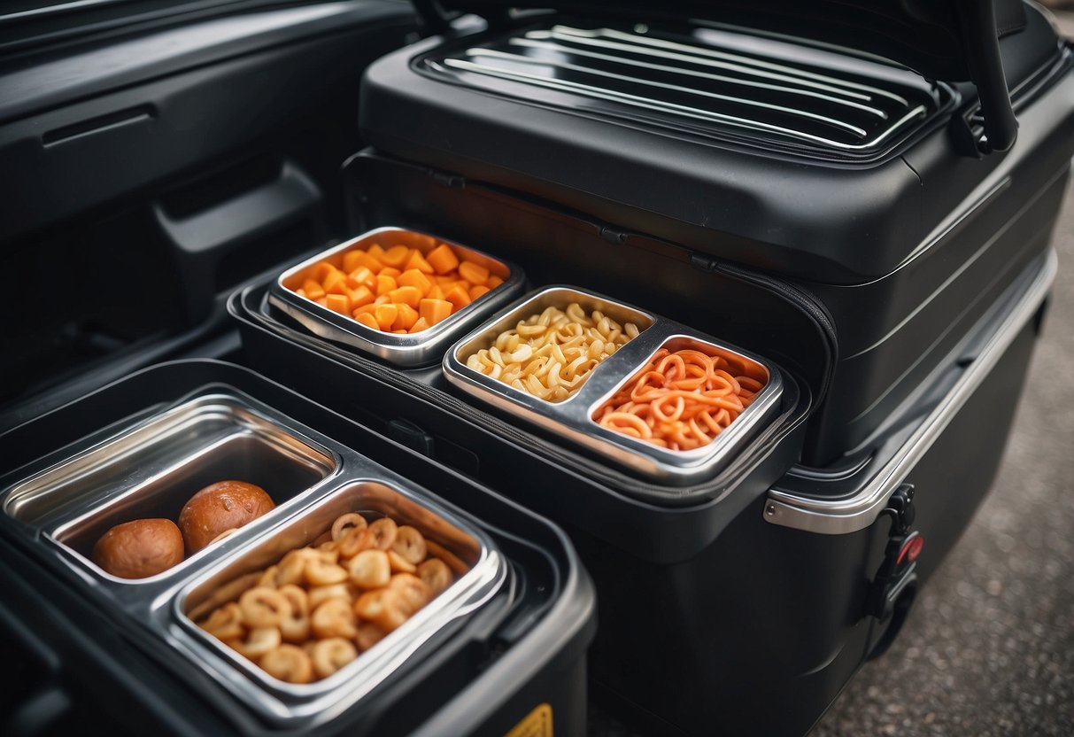 Food warmers sit securely in a motorcycle's storage compartment, insulated bags and containers keep food hot, bungee cords secure items in place