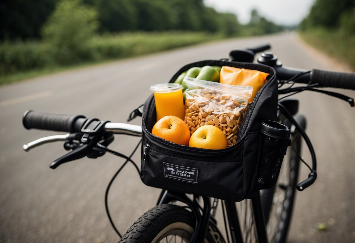 A bicycle with waterproof snack bags attached to the handlebars, frame, and saddle, showcasing various ways to store food while riding