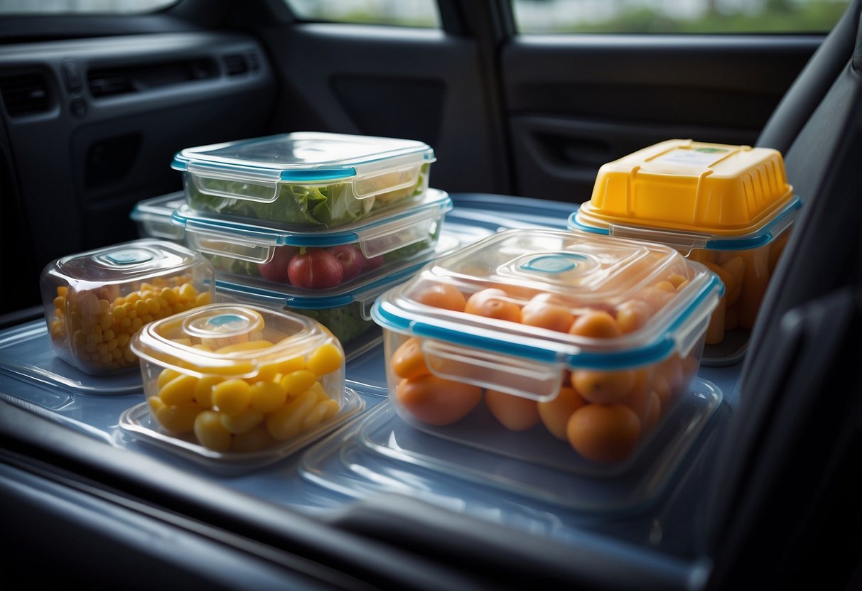 Various vacuum-sealed containers securely hold food items on a moving vehicle, preventing spills and maintaining freshness