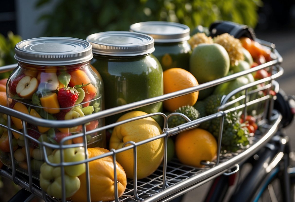 Various food items stored in airtight containers on a bicycle rack. Fruits, vegetables, and canned goods secured with bungee cords. Insulated bags for perishables. Reflective tape for visibility