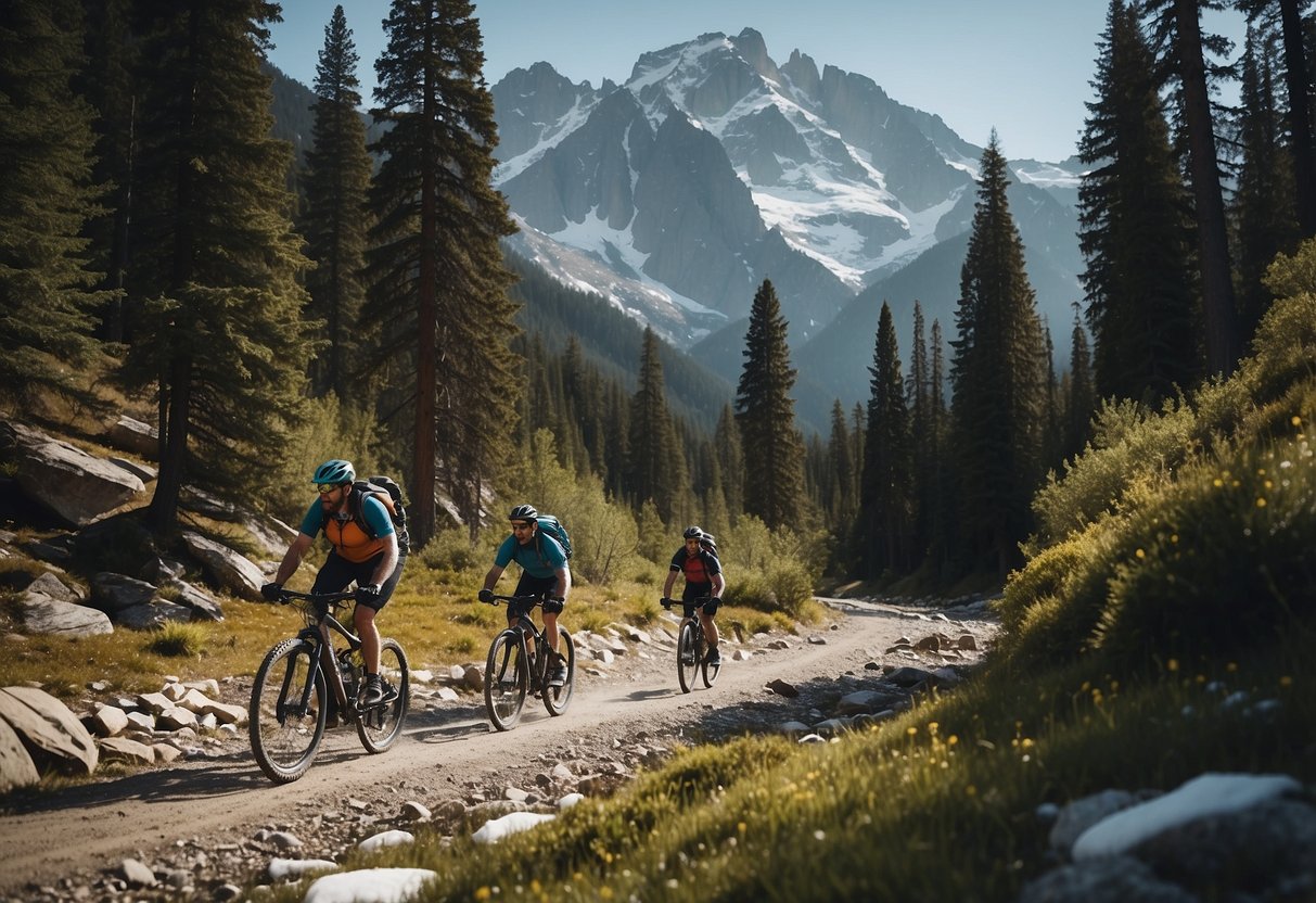 Riders traverse a rugged mountain trail, surrounded by towering pine trees and snow-capped peaks, with a crystal-clear river flowing alongside the path