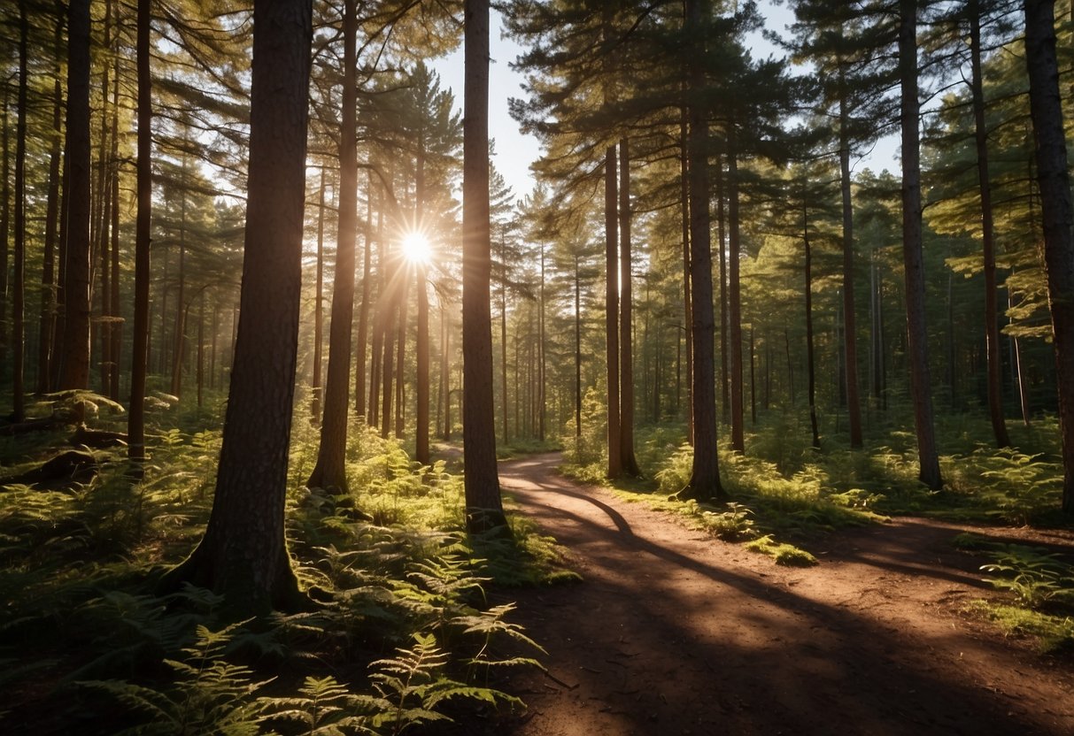 Sunlight filters through the dense forest canopy, casting dappled shadows on the winding horseback riding trails of Algonquin Provincial Park