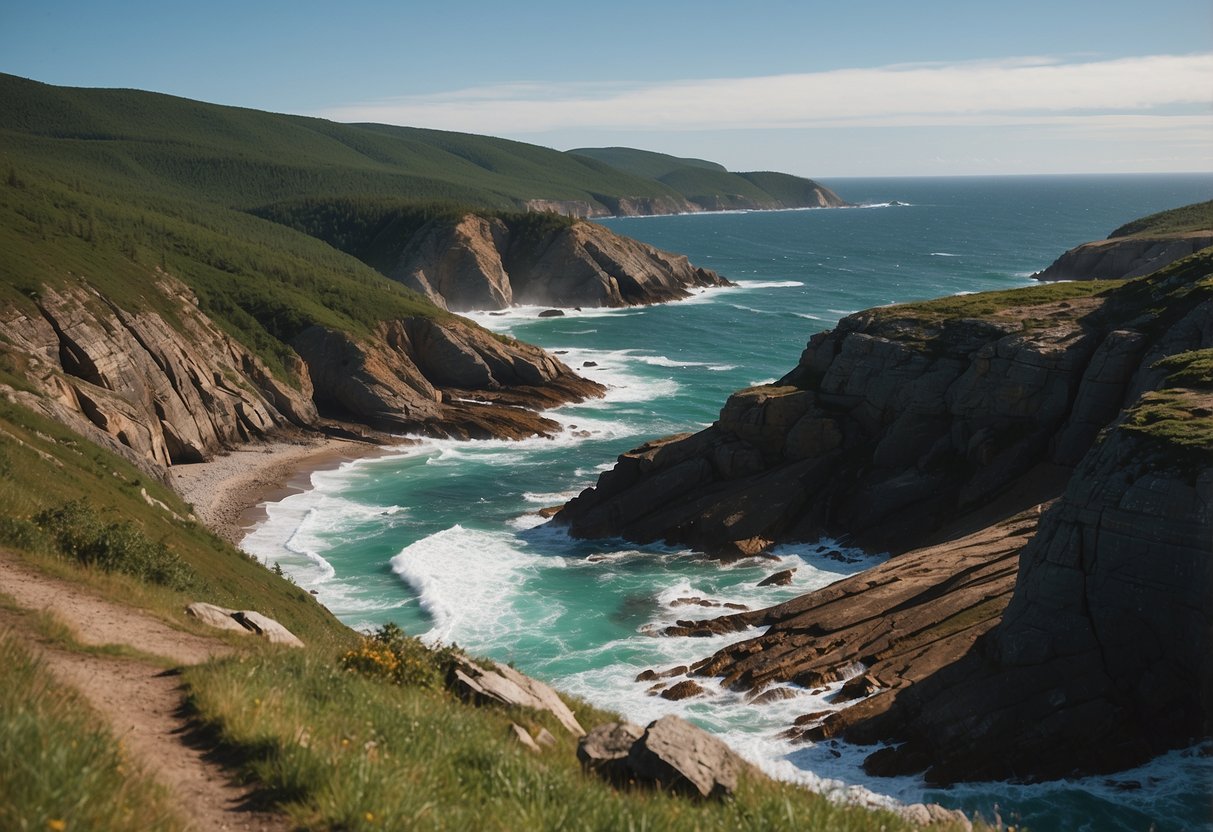 Rolling hills meet the rugged coastline, with horses trotting along scenic trails in Cape Breton Highlands. Rocky cliffs and crashing waves provide a dramatic backdrop for horseback riding in Canada