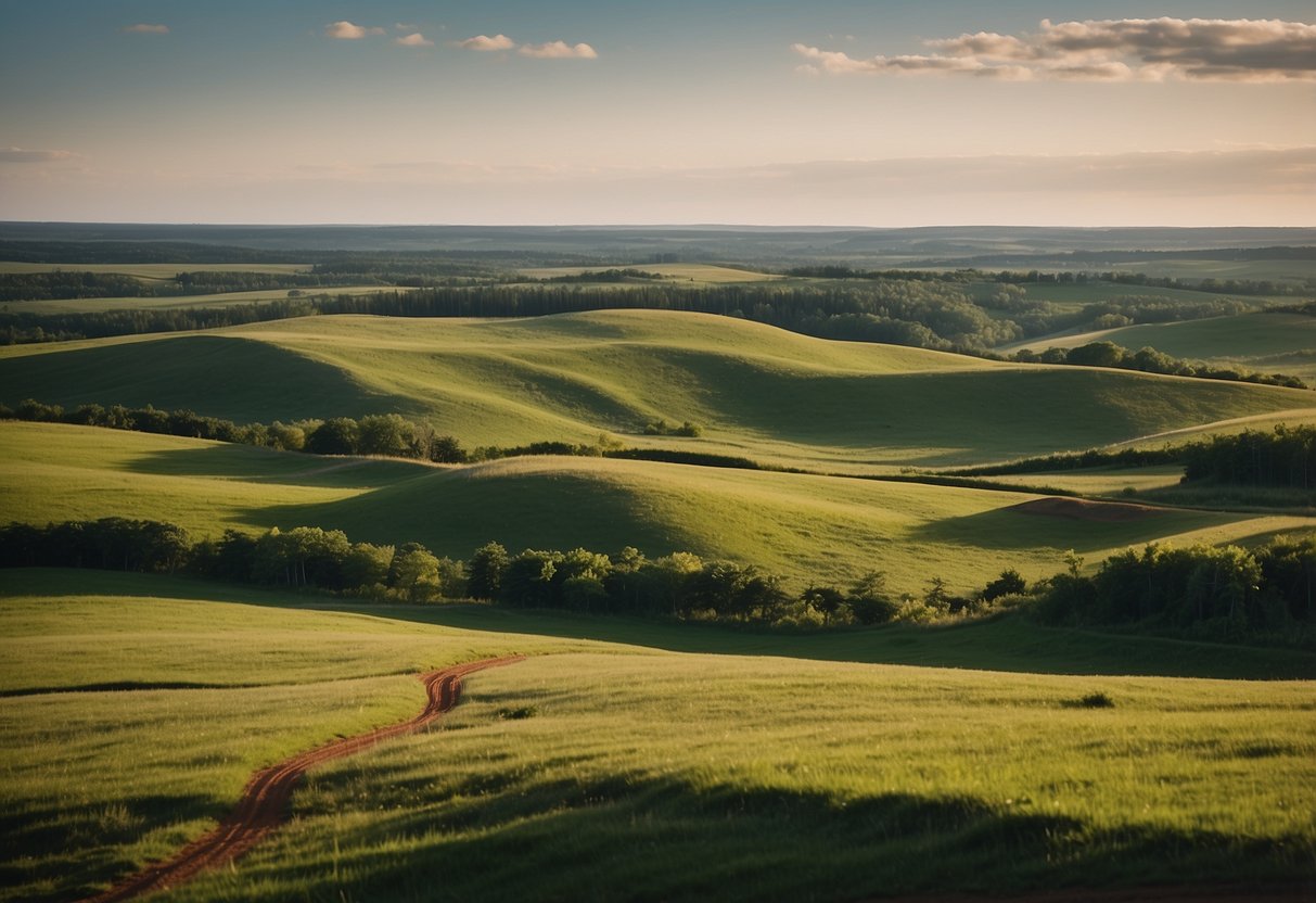 Rolling green hills of Prince Edward Island with winding horseback riding trails