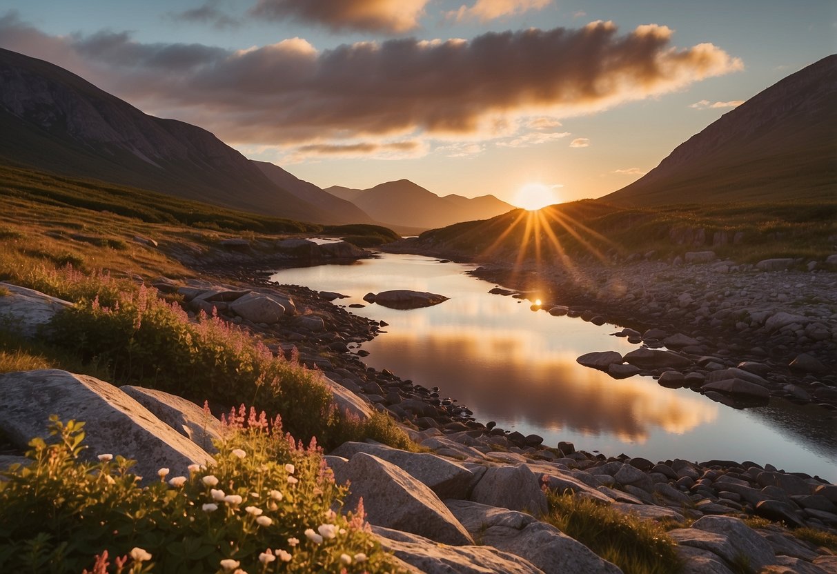 The sun sets over the rugged coastal trails of Gros Morne National Park, where horses traverse the scenic landscape of Canada's stunning horseback riding routes