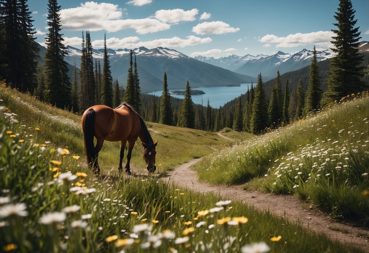 A winding trail cuts through lush forests, leading to a serene lake with snow-capped mountains in the distance. A horse peacefully grazes, surrounded by vibrant wildflowers and tall grass