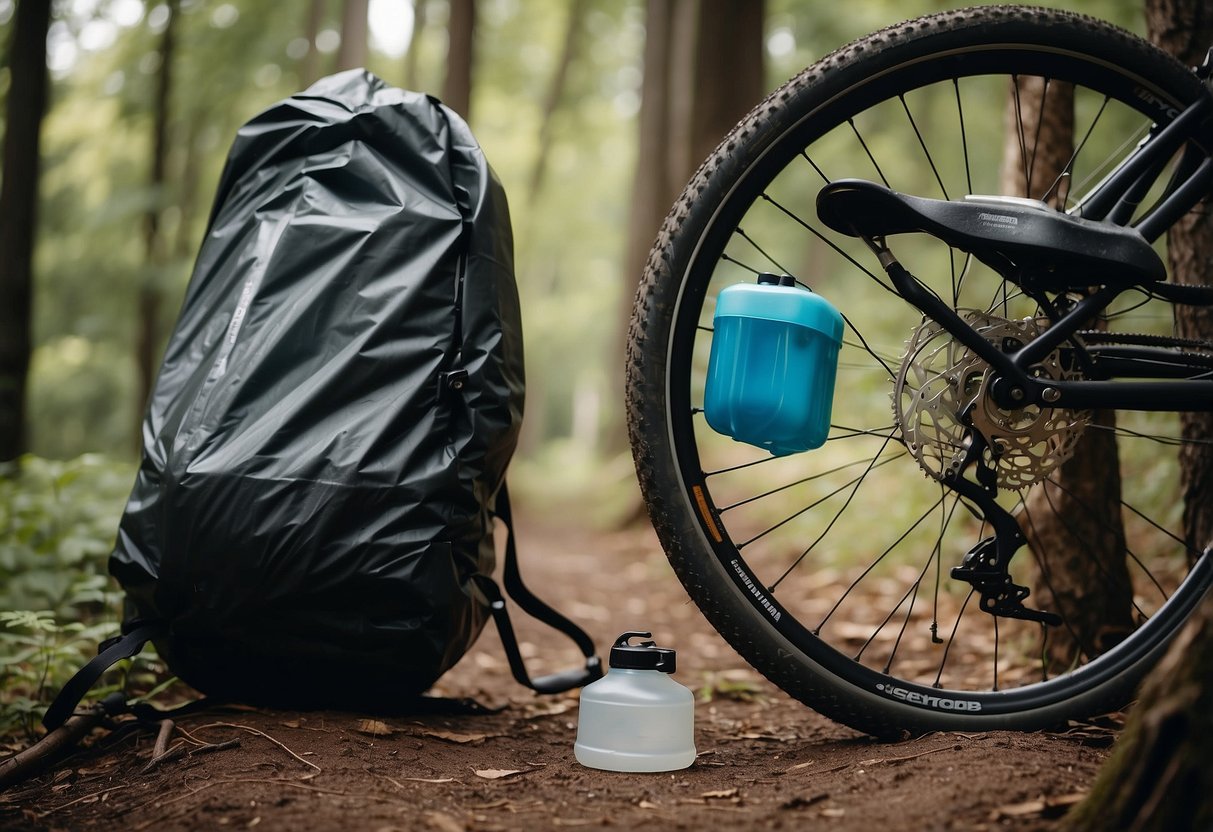 A bicycle parked next to a clean campsite with a neatly organized gear, a portable shower, a water filtration system, and a trash bag hanging from a tree