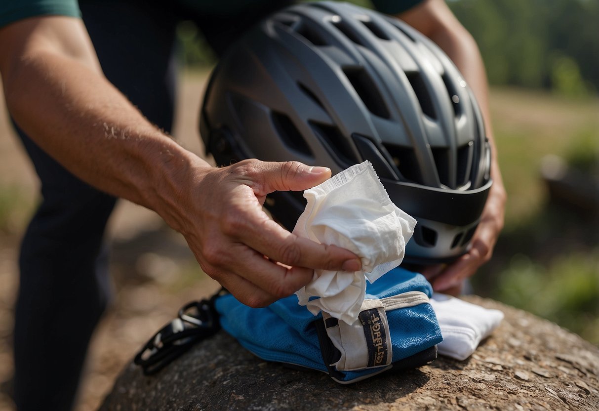 A hand reaches for a compact pack of wet wipes next to a helmet and riding gear. The wipes are labeled "7 Tips for Staying Clean on Riding Trips"