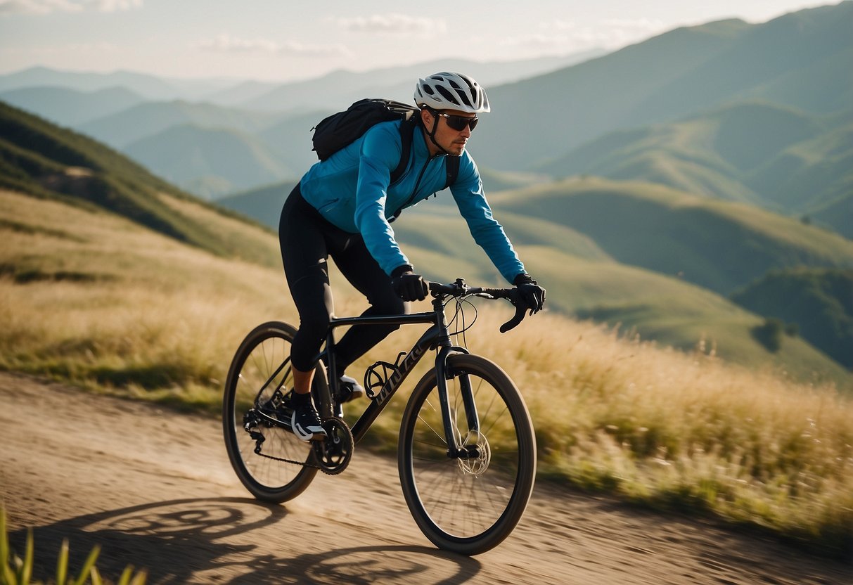 A person in moisture-wicking clothes riding a bike through a clean, scenic landscape