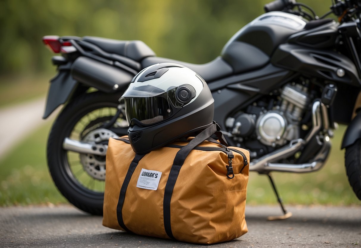 A compact laundry bag hangs from a motorcycle, filled with neatly rolled clothes. The rider's helmet and gloves sit nearby, ready for the next adventure