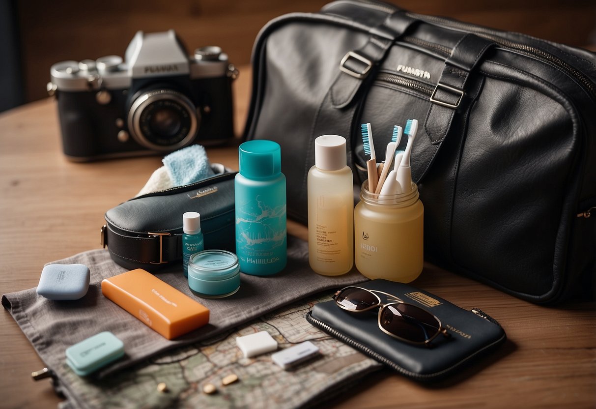 A toothbrush unfolds next to a travel bag, surrounded by travel-sized toiletries. A map and sunglasses are nearby, suggesting a riding trip