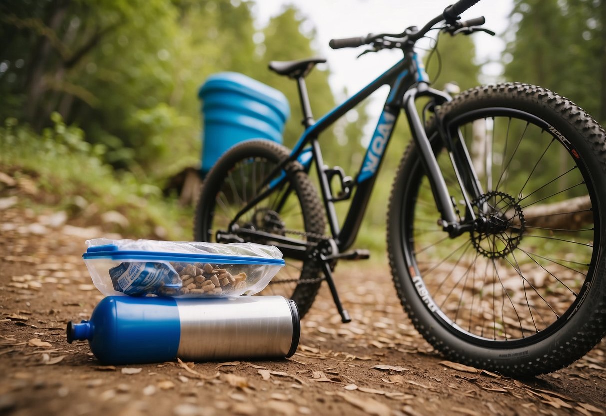 A mountain bike parked next to a recycling bin, with litter-free trails in the background. A reusable water bottle and a compostable snack wrapper are placed neatly on the ground