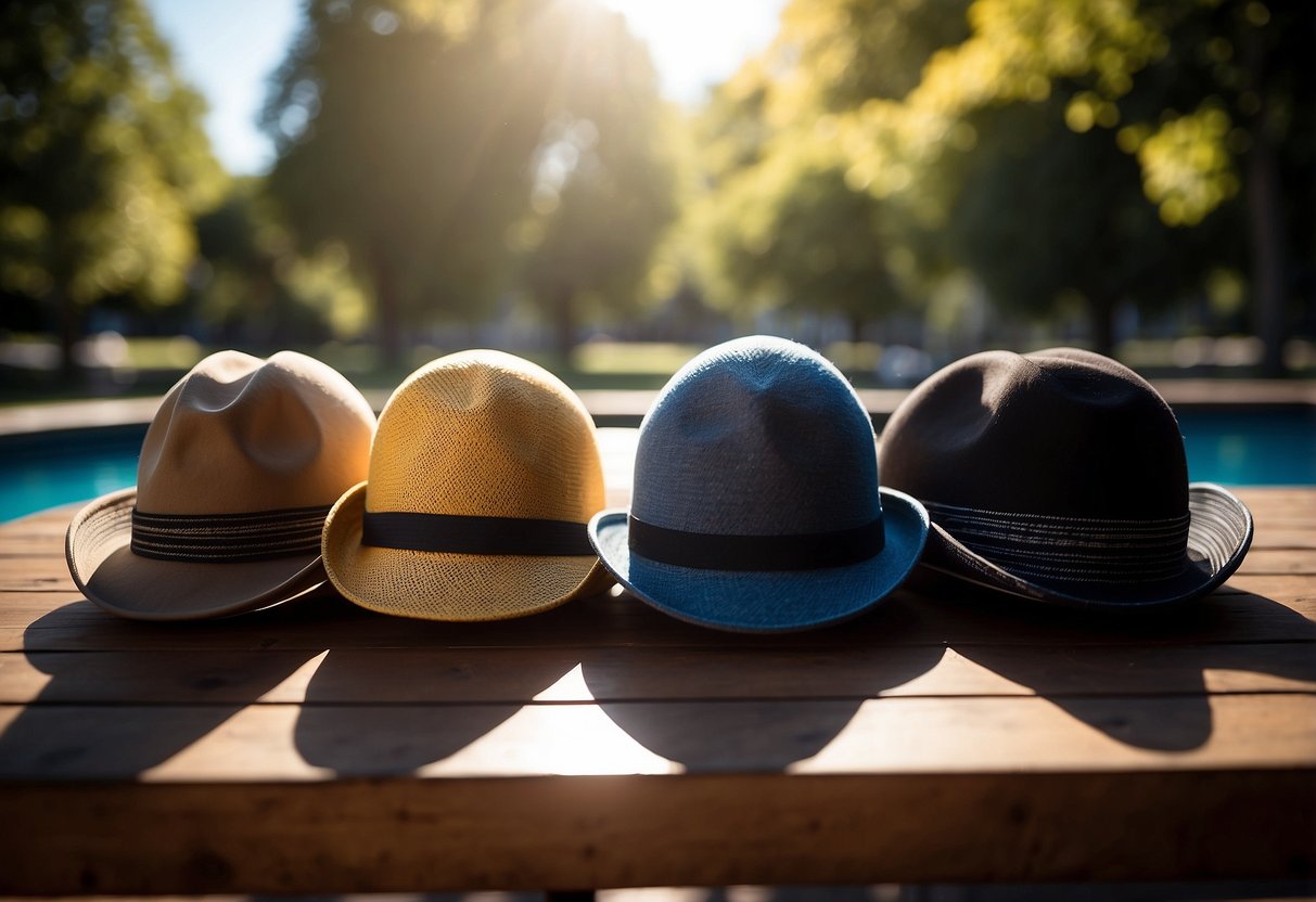 Five riding hats arranged in a sunny outdoor setting, casting shadows. Each hat is lightweight and designed for sun protection