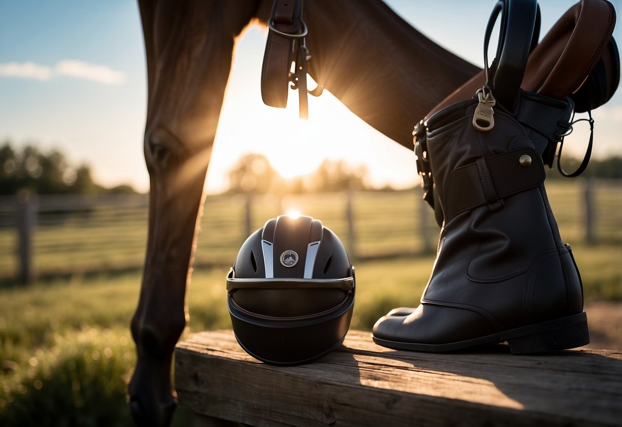 A rider places the TuffRider Starter helmet on a fence post, next to a saddle and riding crop. The sun shines down on the gear, highlighting its lightweight design for sun protection