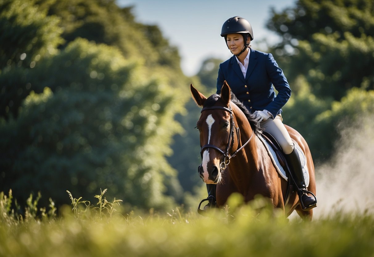 An open field with a clear blue sky, a rider wearing the IRH Equi-Pro Riding Helmet, surrounded by lush greenery and sunlight