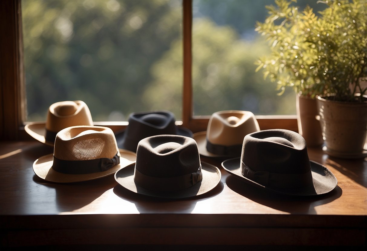 A table with 5 lightweight riding hats, a brush, and a cloth. Sunlight filters through a window, illuminating the hats