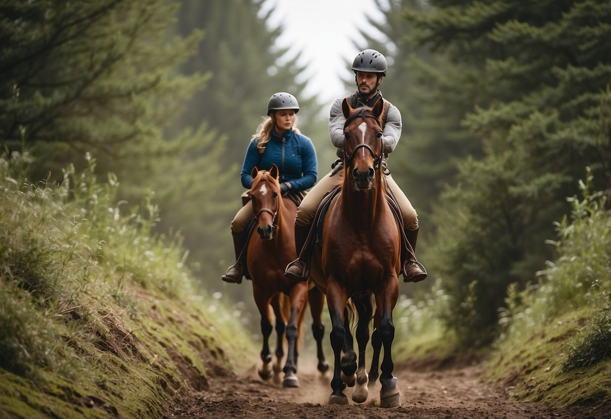 A rider calmly guides their horse through a narrow trail, confidently assessing the surroundings for potential hazards. The horse remains alert, ready to respond to any unexpected obstacles or emergencies