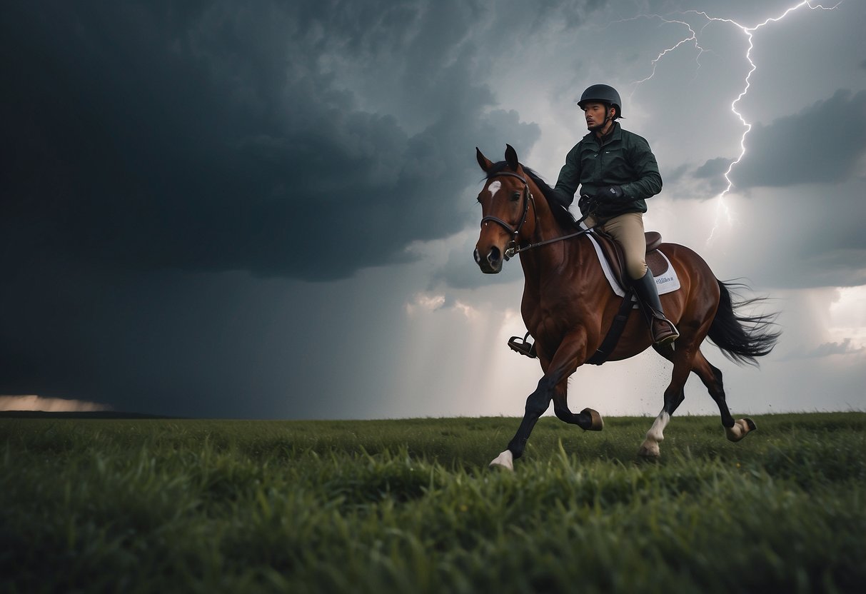 A horse gallops through a storm, lightning strikes nearby. Rider maintains control, calmly assessing the situation. The horse remains calm, showing trust in its rider