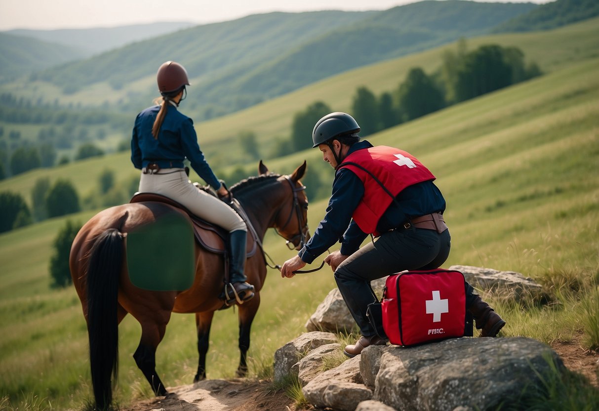 A horseback rider reaches for a red First Aid Kit attached to their saddle, surrounded by a serene countryside landscape