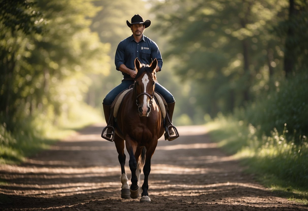 A horseback rider navigates a trail, carrying a first aid kit and emergency contact information. The horse is calm, and the rider maintains a confident posture