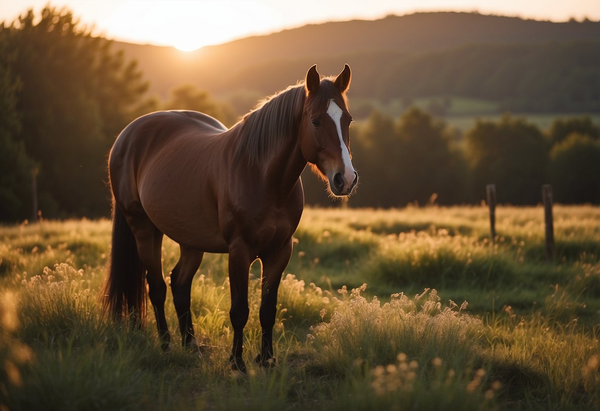 A horse stands calmly in a field, ears pricked forward. A saddle and bridle lie nearby. The sun sets in the background, casting a warm glow over the scene