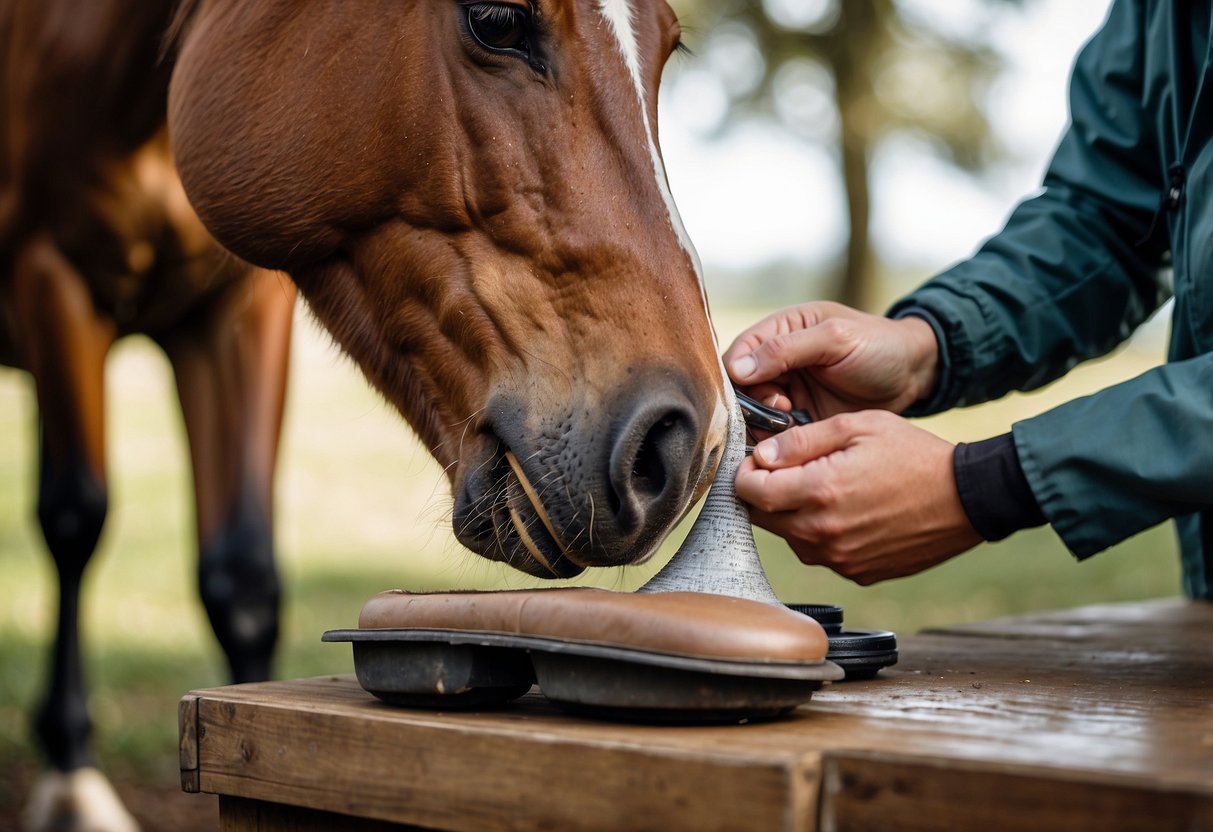 A horse's hoof being examined for signs of injury or damage, with various emergency supplies nearby for handling potential riding accidents