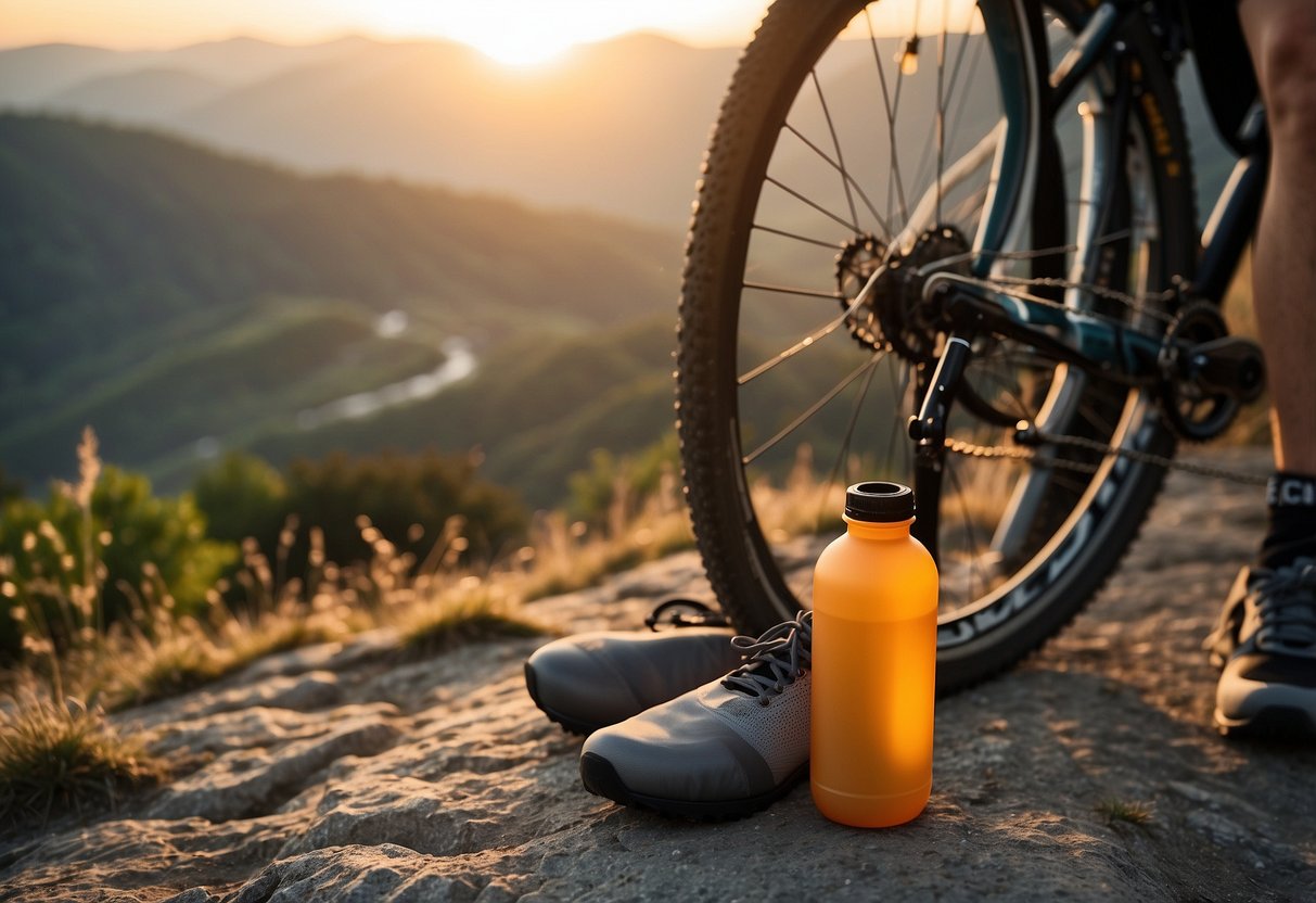 A cyclist's legs resting on a scenic mountain overlook, with a water bottle and foam roller nearby. The sun is setting, casting a warm glow over the peaceful scene