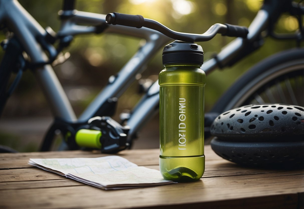 A water bottle surrounded by bike gear and a map, with a stretching band and foam roller nearby