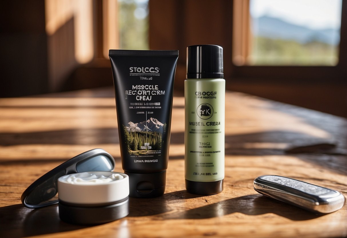 A tube of muscle recovery cream sits on a rustic wooden table, surrounded by cycling gear and a map of riding trails. Rays of sunlight filter through the window, casting a warm glow on the scene