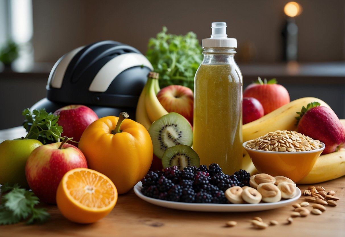 A colorful spread of healthy fruits, vegetables, and grains arranged on a table, with a cyclist's helmet and water bottle nearby