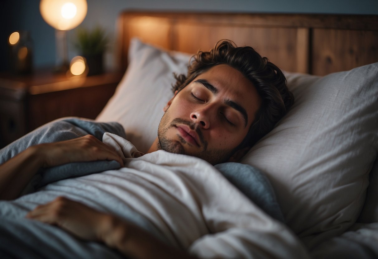 A person sleeping peacefully in a cozy bed with a serene expression on their face, surrounded by a calming atmosphere