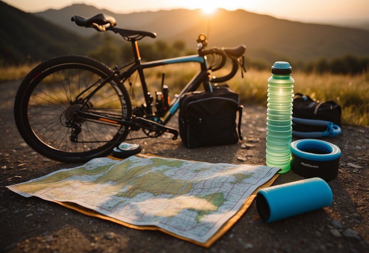 A cyclist's gear laid out with a foam roller, water bottle, and stretching bands. A map of the trail and a first aid kit nearby. The sun setting in the background