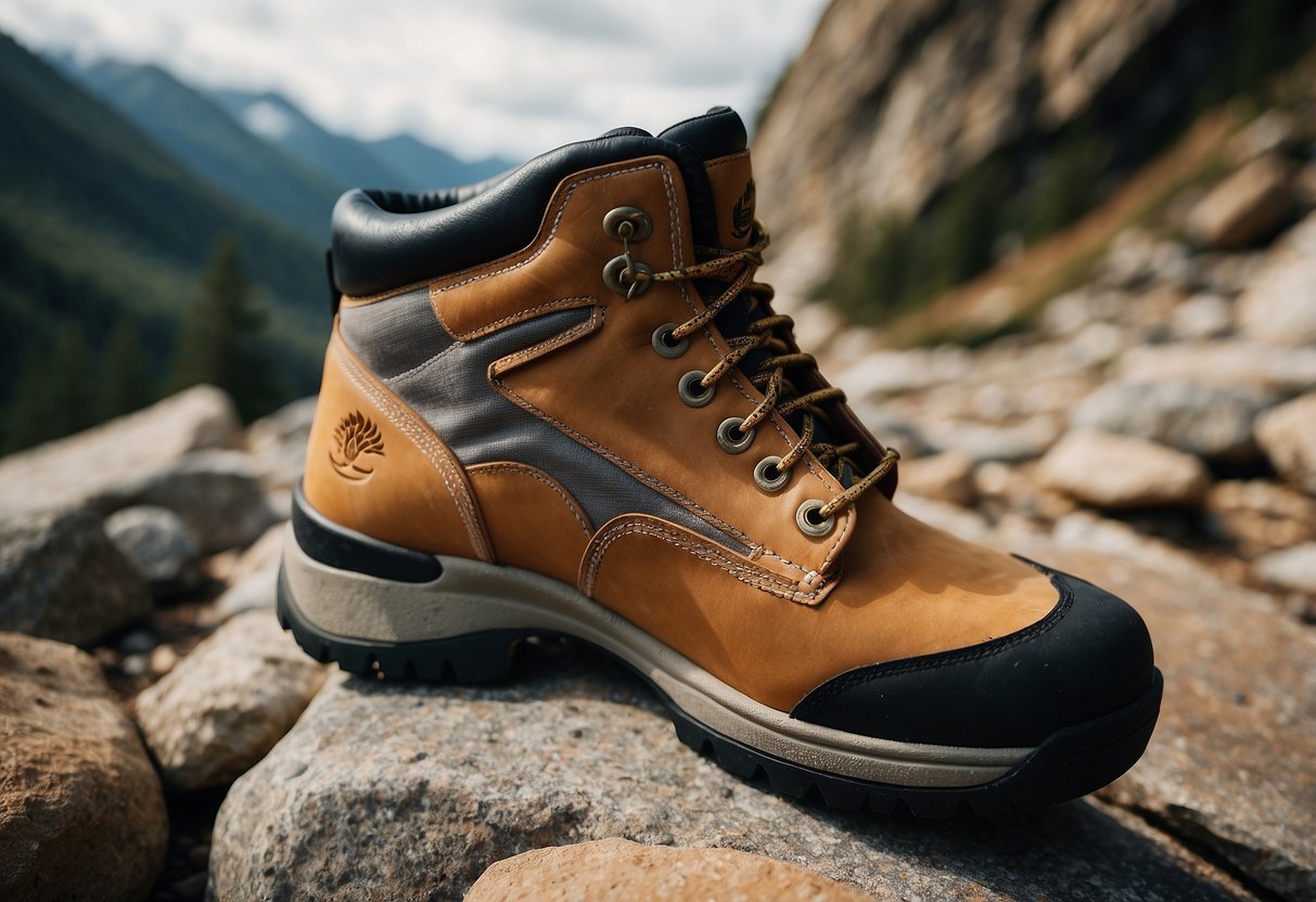 A pair of Timberland White Ledge boots stands on rugged, rocky terrain, surrounded by craggy rocks and uneven ground