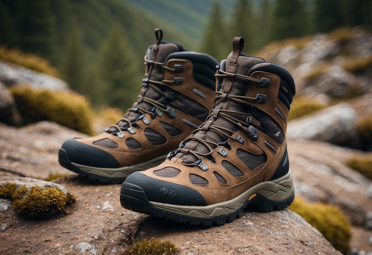 A pair of Vasque Breeze AT Mid GTX boots stands on rugged, rocky terrain, showcasing their durability and stability for outdoor riding