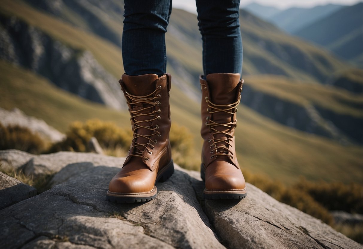 Rugged landscape with jagged rocks, uneven terrain, and steep inclines. A pair of sturdy riding boots stands out against the rocky backdrop