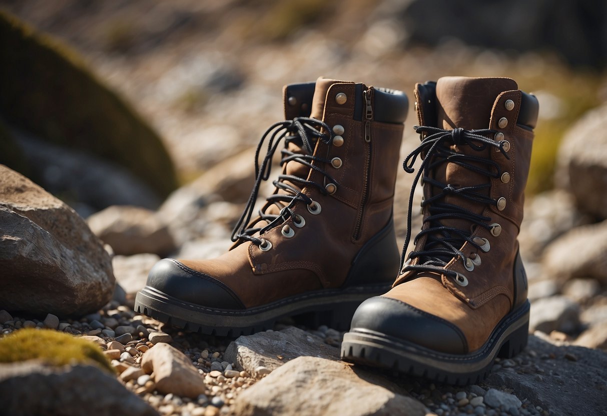 A pair of rugged riding boots sit on a rocky terrain, surrounded by tools and cleaning supplies. The boots appear well-maintained and ready for long-lasting use