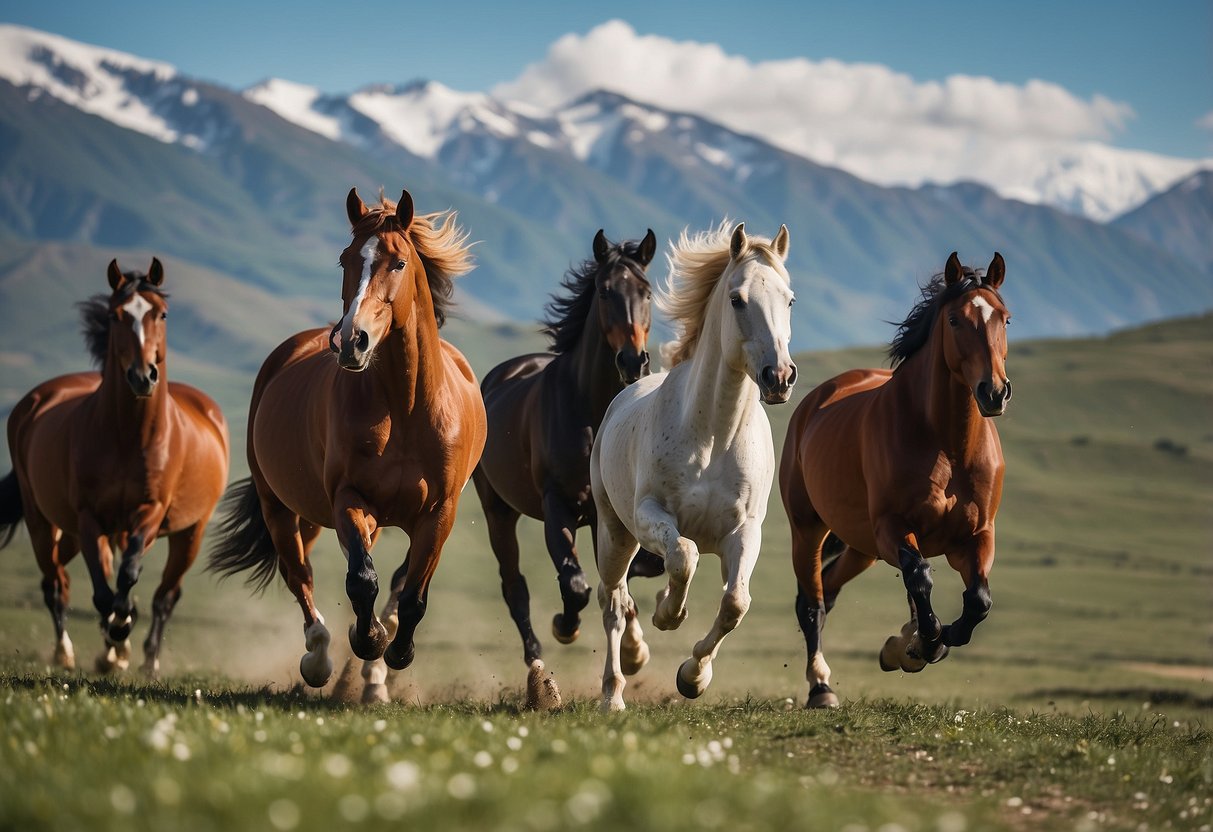 A group of horses galloping across a vast, green landscape with snow-capped mountains in the background, a clear blue sky above