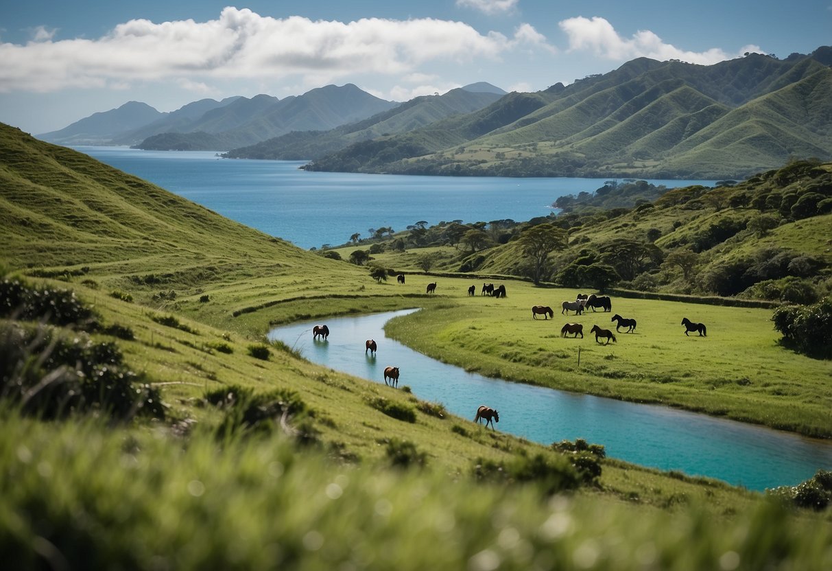 Lush green hills roll across Arapawa Island, with horses galloping freely in the open fields, framed by the sparkling blue waters of the surrounding ocean