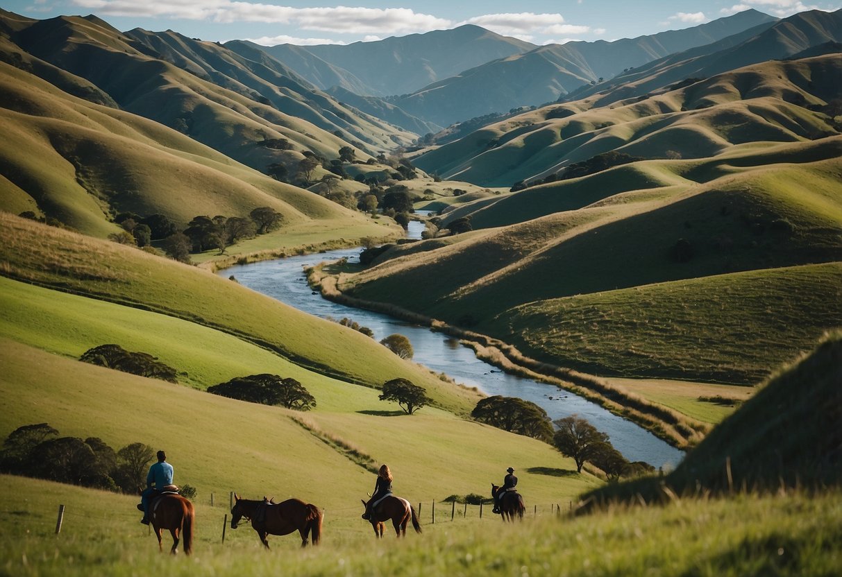 Rolling hills, lush green pastures, and a winding river create a picturesque backdrop for horseback riding in Rangitikei, New Zealand