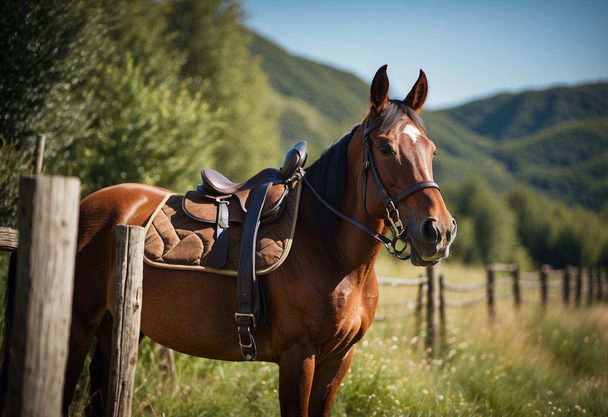 A horse saddled with riding gear stands next to a rustic wooden fence, surrounded by lush greenery and rolling hills under a clear blue sky