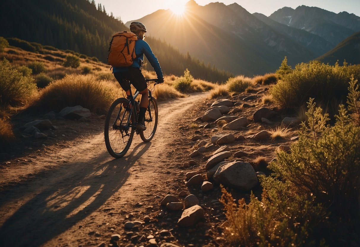 A lone bicycle navigates a rugged trail, surrounded by towering mountains and dense forests. The setting sun casts a warm glow over the serene landscape, as the rider ventures deeper into the remote wilderness