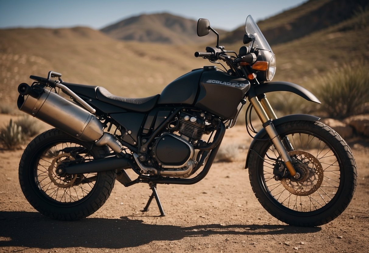 A motorcycle parked in a remote area, surrounded by rugged terrain. Extra fuel canisters strapped to the back of the bike, ready for a long journey