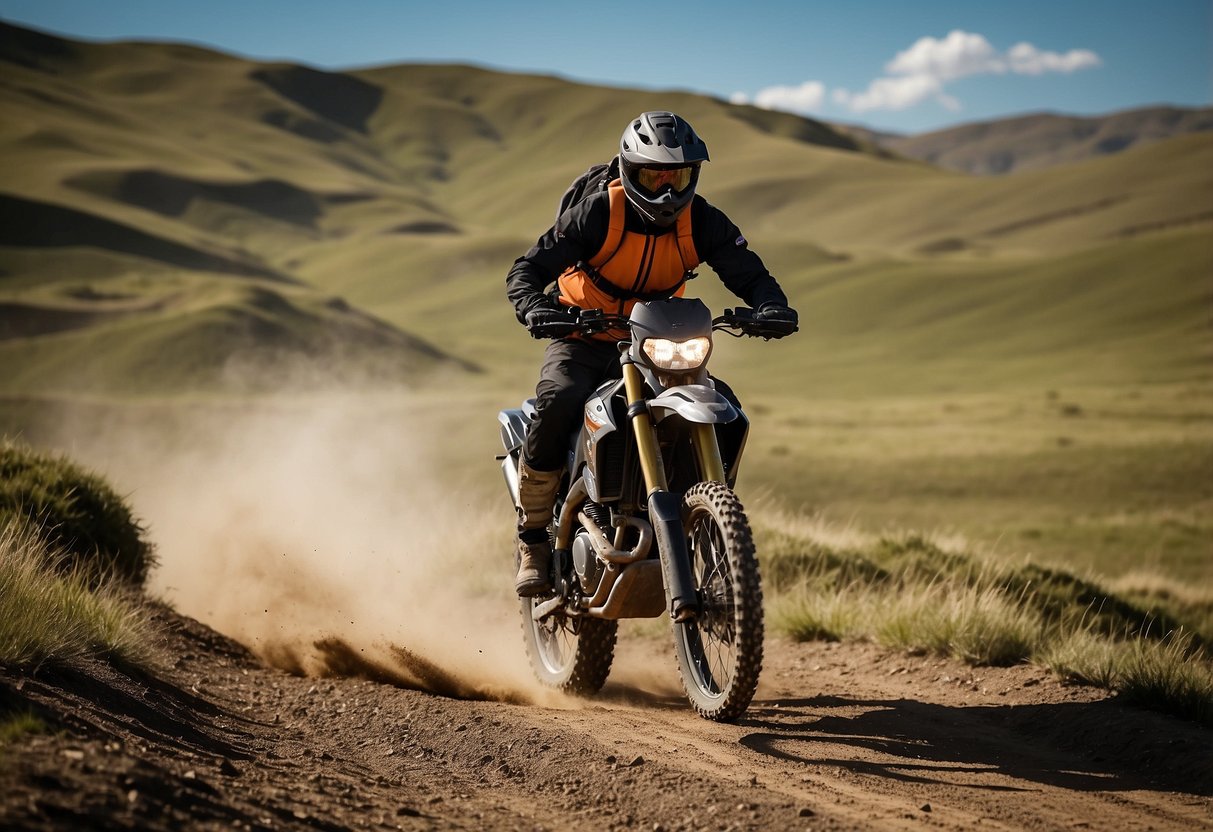 A rider in high-quality gear navigates a remote landscape, equipped with proper safety gear and prepared for the challenges of the terrain